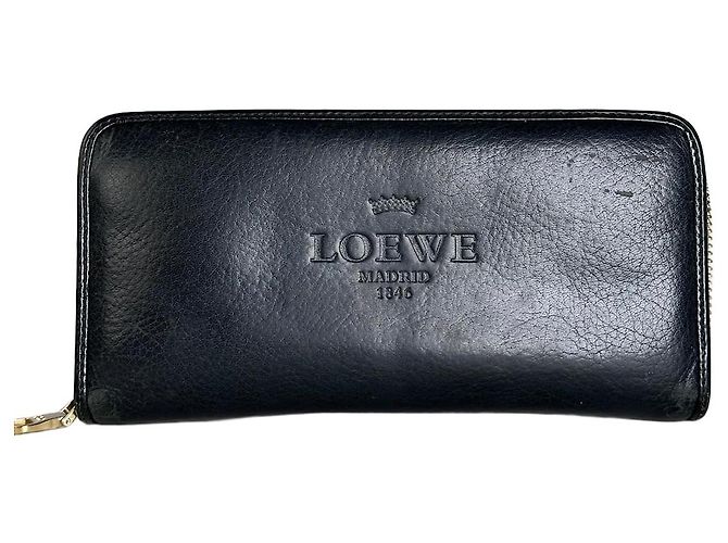 Vintage Loewe Textured Leather Wallet Black Gold Zip