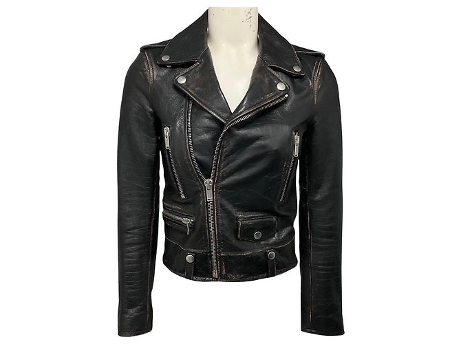 Veste Biker Saint Laurent en cuir de veau noir effet vieilli