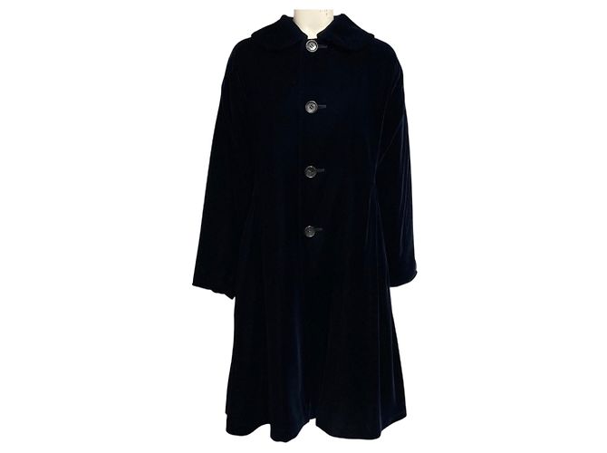 Comme des Garcons Navy Blue Button Front Mid-Length Velvet Coat
