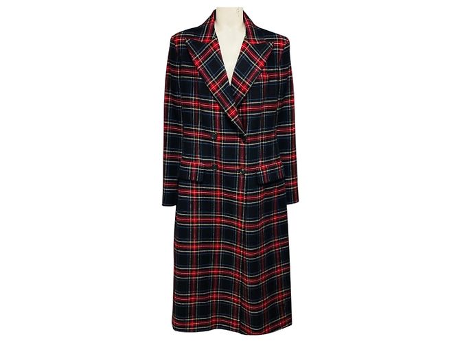 Ermanno Scervino Black / Red / Blue Multi Plaid Double Breasted Mid-Length Wool Coat Multiple colors