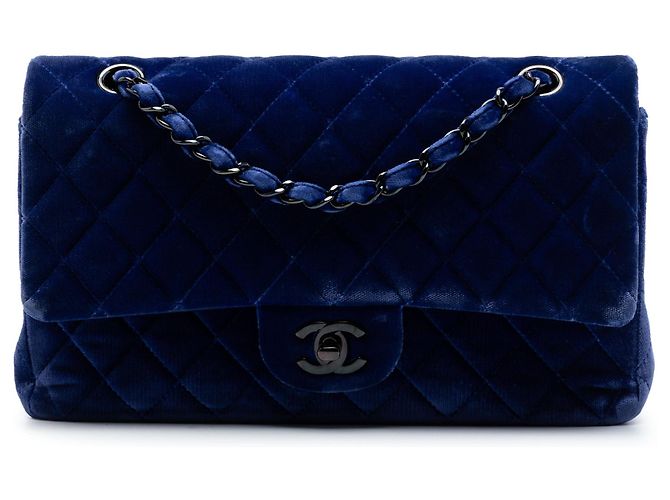 Borsa a tracolla Chanel Medium Classic Velvet Double Flap Blu