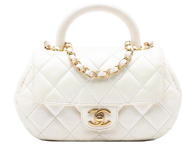 White Chanel CC Quilted Lambskin Top Handle Bag Satchel