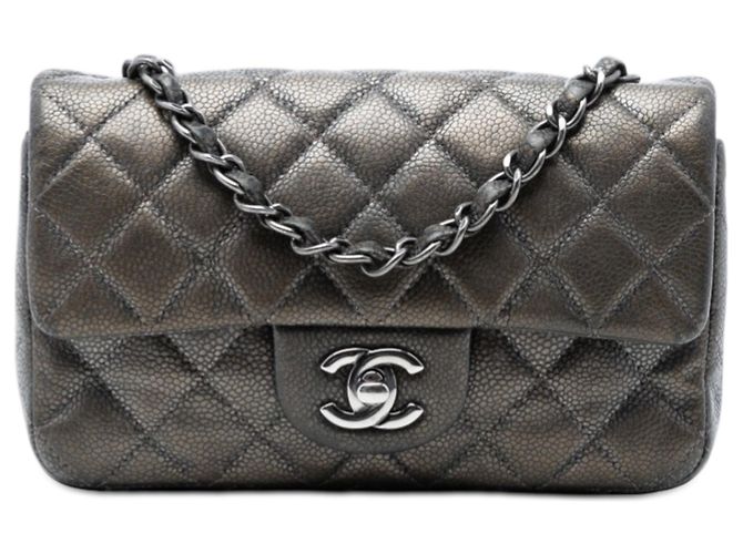 Bolsa Tiracolo Chanel Mini Rectangular Classic Metallic Caviar Single Flap Cinza