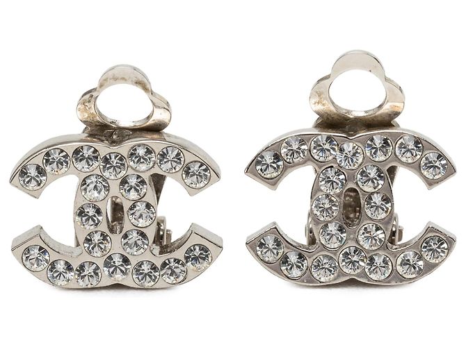 Orecchini a clip Chanel CC in ottone e strass argento