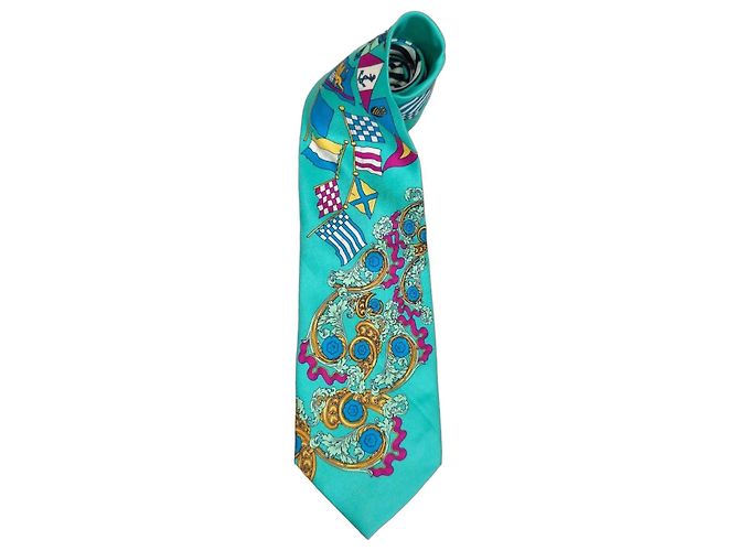Cravatta in seta Gianni Versace anni '90 con bandiere Multicolore