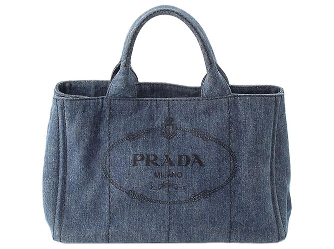 Borsa Tote Satchel Prada Denim Canapa Logo blu