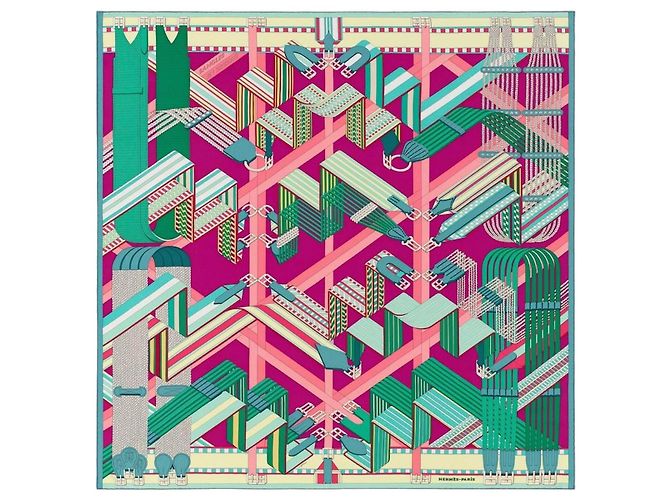 Hermès Carré Geant "SANGLES EN ZIGZAG" Sciarpa in cashmere e seta in Green x Purple Verde