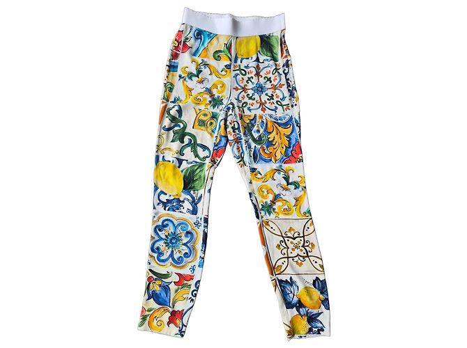 Pantalones Dolce & Gabbana Estampado Majólica de Seda Blanco Roja Azul Verde Naranja Amarillo