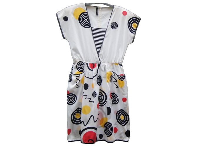 Vestido de verano de algodón Louis Féraud estampado gráfico Negro Blanco Roja Amarillo