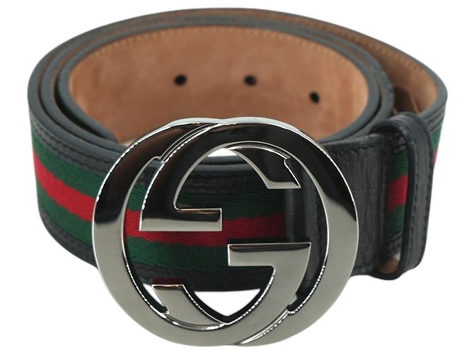 Gucci Brown Leather Belt Metal Web Interlocking GG Logo Buckle 80/32