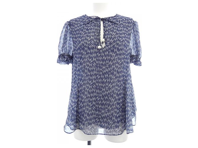 Top de seda Chanel Blanco Azul marino