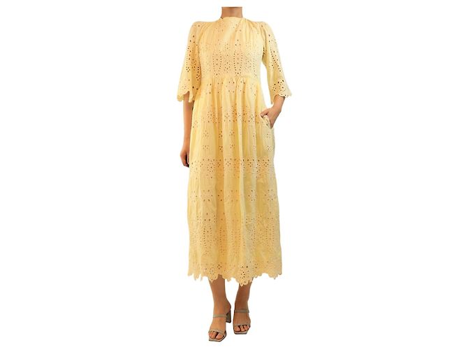 Autre Marque Vestido midi amarillo de broderie anglaise - size UK 12