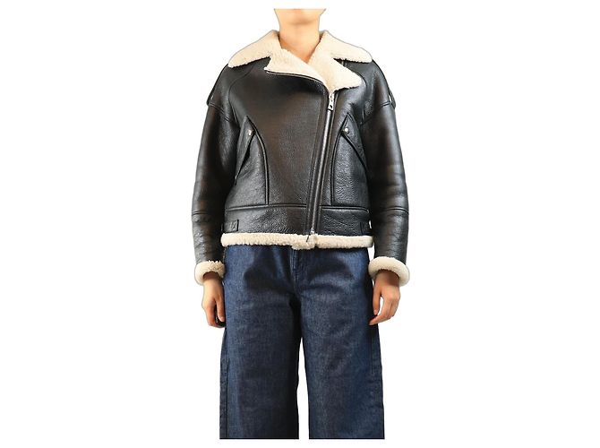 Yves Salomon Black shearling biker jacket - size UK 8
