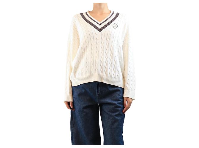 Brunello Cucinelli Weißer Cricket-Pullover mit Zopfmuster - Größe S