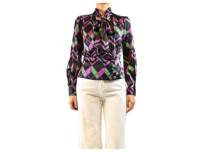 Diane Von Furstenberg Top decotado em seda roxa com estampado geométrico - size UK 8 Roxo