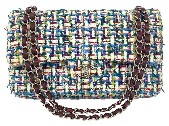 Borsa a tracolla Chanel Double Flap Coco Mark in tweed con catena Multicolore