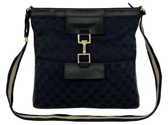Gucci GG Logo Pattern Canvas Leather Shoulder Bag Black Navy blue