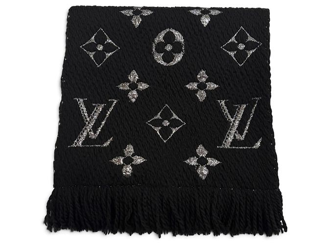 Estola con flecos Monogram Louis Vuitton Negro Plata