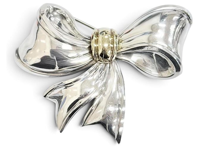 Tiffany & Co Spilla a Nastro Tiffany Vintage in Oro 18K e Argento 925 D'oro