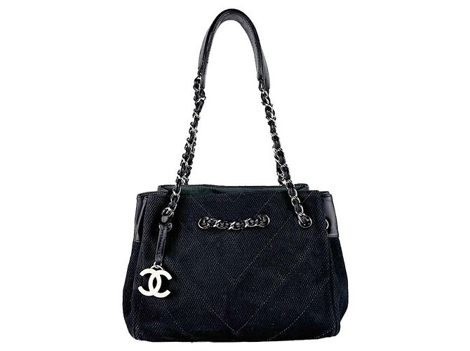 Borsa a tracolla Chanel V-Stitch in tela e pelle nera Nero