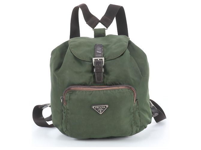 Prada Tessuto Nylon Triangle Logo Leather Backpack Brown Green Khaki