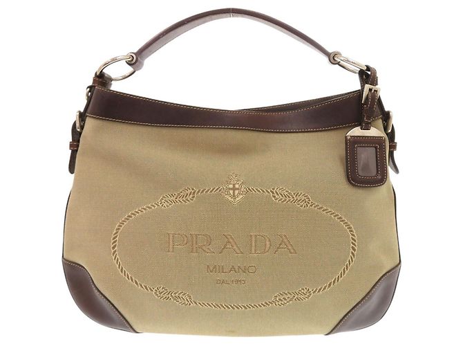 Borsa a tracolla Prada in tela jacquard con logo e pelle Marrone Beige