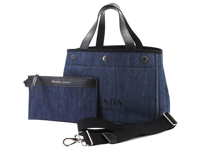Borsa a mano 2-Way Prada in pelle e denim Nero Blu