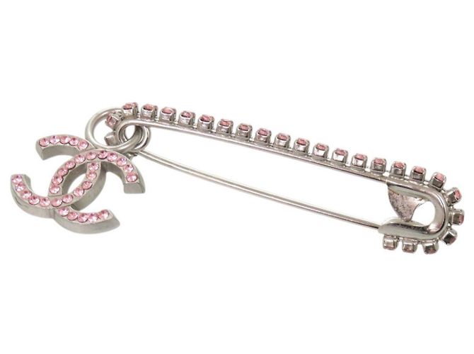 Chanel Coco Mark Sicherheitsnadel-Brosche Silber Pink