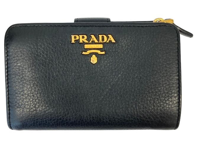 Prada Logo Plate Leather Compact Bi-fold Wallet Black