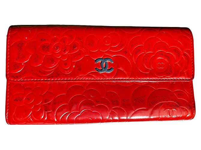 Chanel Camélia Cartera Cuero Charol Rojo Roja