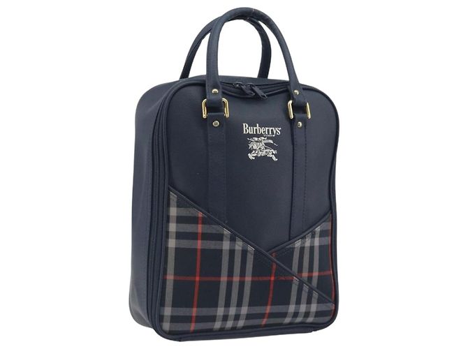 Burberrys Nova Check Handtasche Leder Canvas Navy Gold Auth 196639 Golden Marineblau