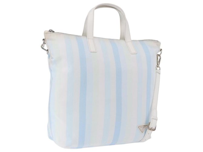 PRADA Tote Bag Canvas 2way Light Blue Silver B2052G Auth am12349A Silvery