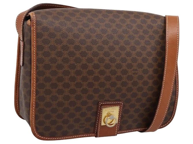 Céline Borsa a tracolla CELINE Macadam Canvas PVC Leather Brown Gold Auth 200945 Marrone D'oro