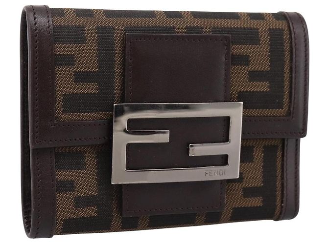 FENDI Zucca Canvas Trifold Wallet Brown Silver 8M0011 Auth 200165A Silvery