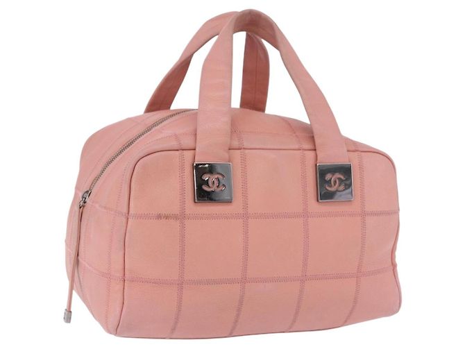 Bolsa Mini Boston CHANEL Choco Bar Line em couro rosa prateado CC Auth 197897A Prata