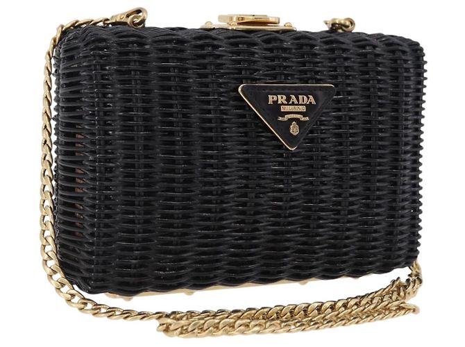 Borsa a tracolla con catena PRADA in rattan nero e oro Auth 197136M D'oro