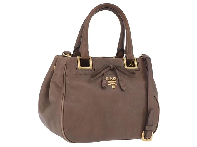 Bolsa de mão PRADA em couro 2way marrom tom dourado Auth BA15297