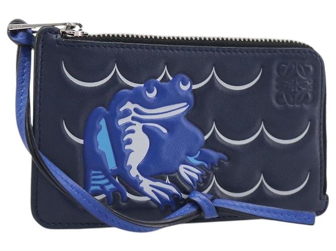 LOEWE William de Morgan Card Coin Case Leather Navy Silver Auth 200667M Silvery Navy blue