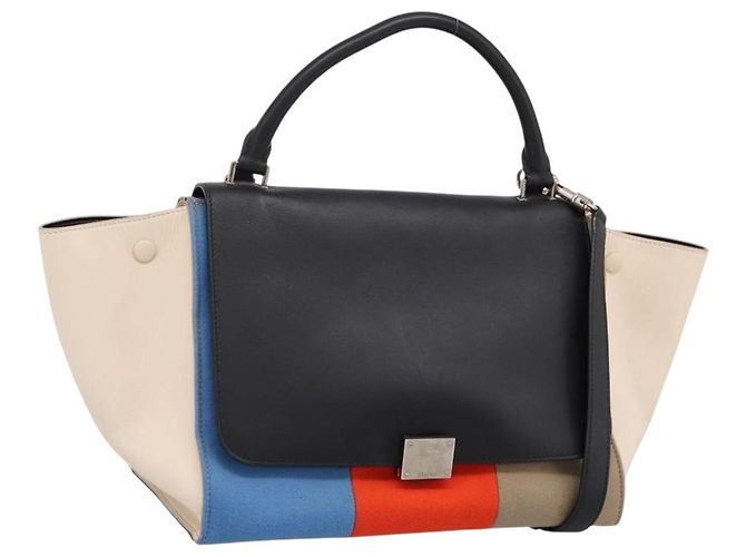 Céline CELINE Trapeze Handtasche Wolle 2way Beige Silver Auth 198538V Silber