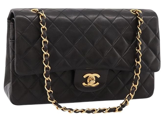 Borsa CHANEL Double Flap Chain Matelasse 25 in Pelle di Agnello Nera e Oro Auth yk20797SAM Nero D'oro