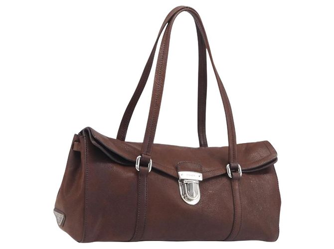 Bolsa de ombro PRADA em couro marrom prata Auth yk20802SAV