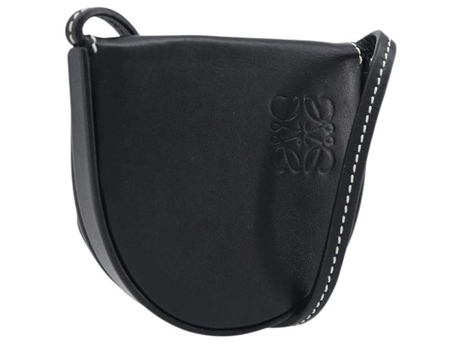 LOEWE Porta-moedas de pescoço em couro preto Auth 198798A