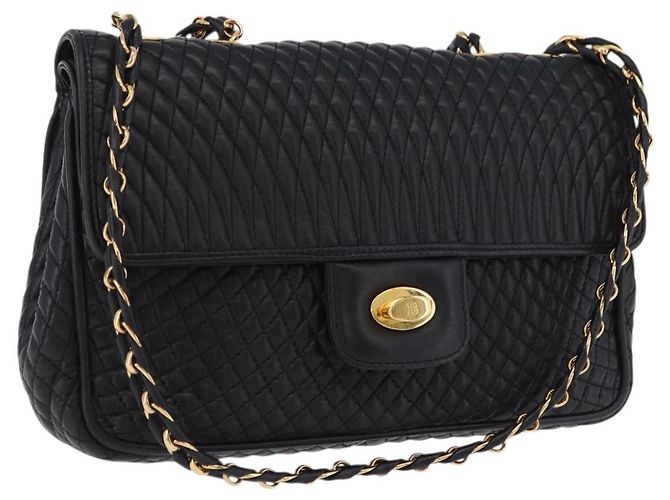 Bolsa de Ombro com Corrente BALLY em Couro Preto e Ouro Auth kk709A Dourado