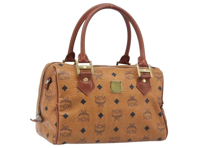 Bolsa Boston MCM Vicetos Logogram PVC Leather Brown Gold Auth 200900 Marrom Dourado
