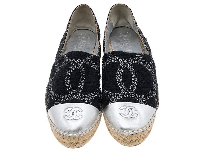 Chanel CC Espadrilles Tweed & Metallic Lammleder Schwarz Silber