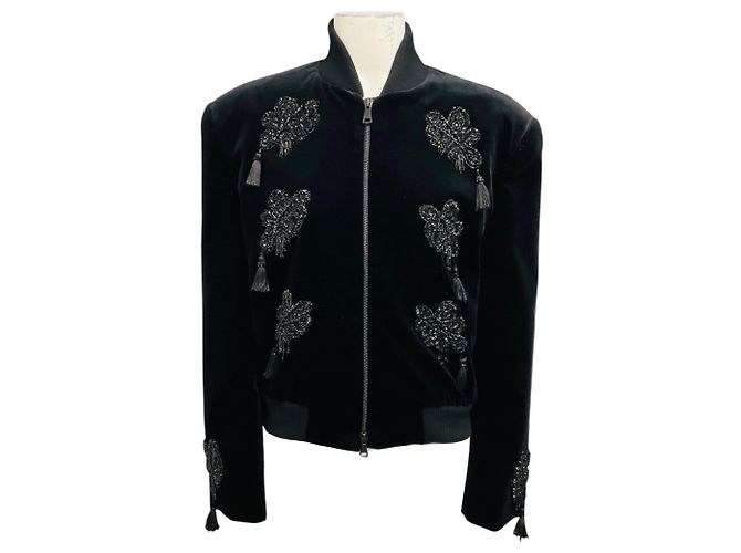 Giacca in velluto Max Mara Sfilata nera con perline, nappe e zip frontale Nero
