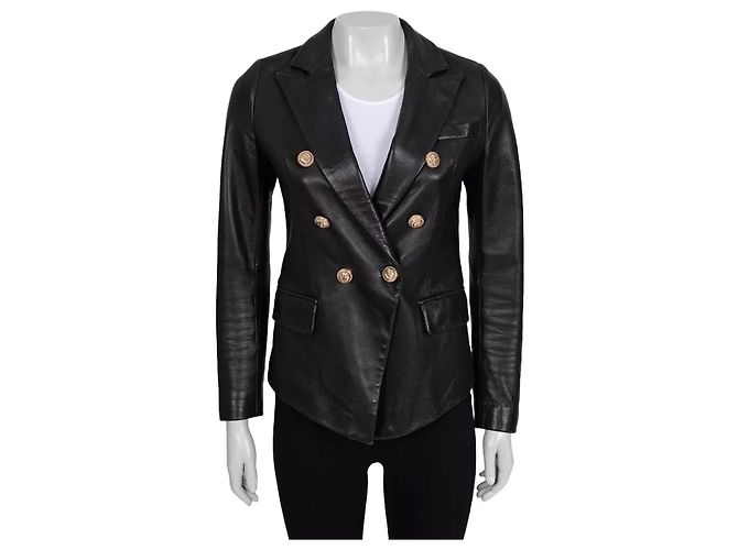 Balmain Black Leather Double-Breasted Jacket Sz.40 Pre-owned