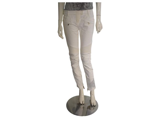 Balmain Jeans Moto Biker Off-White Bianco
