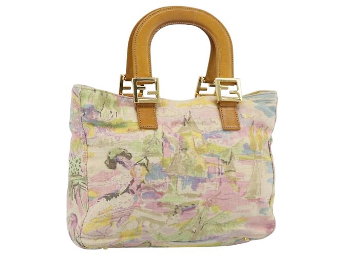 FENDI Hand Bag Canvas Beige Gold