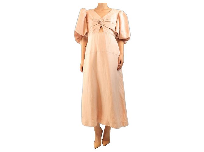 Maje Vestido midi rosa de mangas abullonadas - size UK 14
